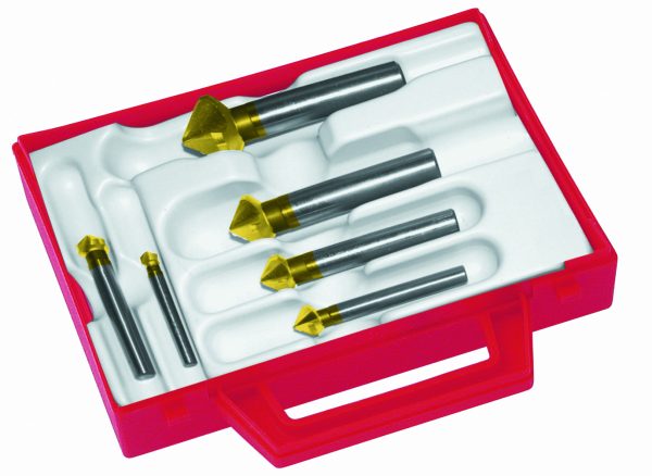 Set 6 Verzinkfrezen 90° 3 Lippen HSS-CO + TIN 6,3 - 8,3 - 10,4 - 12,4 - 16,5 - 20,5mm